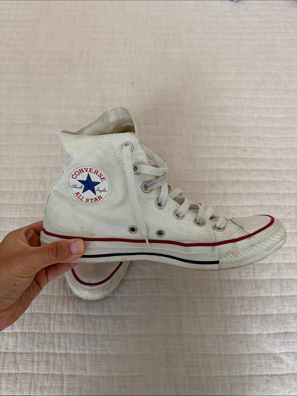 Classic High-Top Women's Canvas Sneakers in Off-White with Red Trim